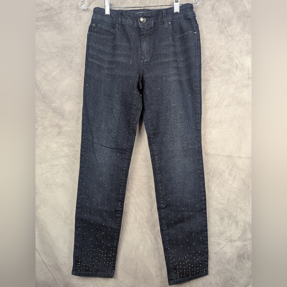 Chicos Platinum Denim Size 0 Jeans With Black Rhinestones Dark Blue Wash
